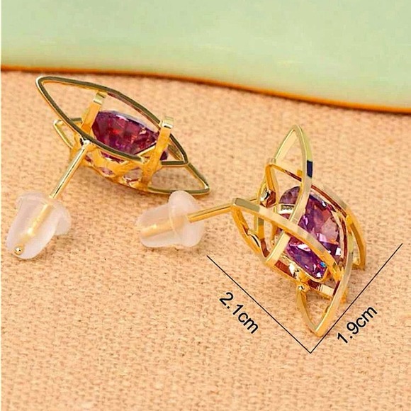 Gold Caged Amethyst 3D Stud Minimalist Earrings - Picture 4 of 4